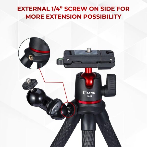 Syvo S-11 Camera Tripod, Flexible Gorilla Tripod Stand with Hidden Phone Holder w Cold Shoe Mount, 1/4'' Screw for Magic Arm, Universal for iPhone 14 13 Pro XS Max Samsung Canon Nikon Sony Cameras - Image 5