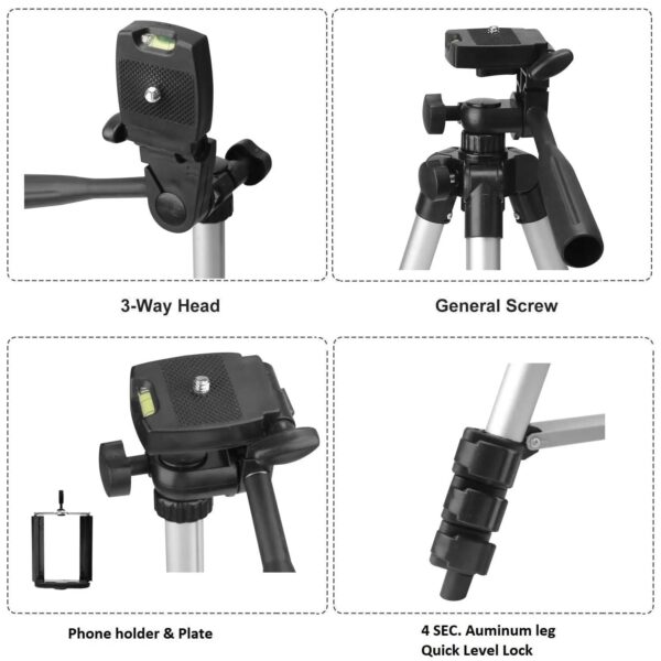 Tygot Adjustable Aluminium Alloy Tripod Stand Holder for Mobile Phones & Camera, 350 mm -1020 mm, 1/4 inch Screw + Mobile Holder Bracket - Image 4