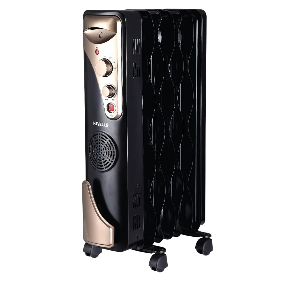 Havells OFR 7 Wave Fins (Oil Filled Radiator) with Fan| Room Heater| 1900 W| 3 Thermostatic Heat Power Settings & PTC Fan Control| Long-Lasting Heat| Comfortable Breathing|Uniform 360° Heating (Black)