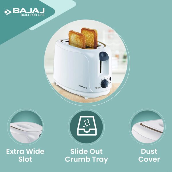 Bajaj ATX 4 750 watts 2-Slice Pop-up Toaster | Dust Cover & Slide Out Crumb Tray | 6-Level Browning Controls | Mid-Cycle Cancel Feature | 2-Yr Warranty | 750 watts White Electric Toaster - Image 5