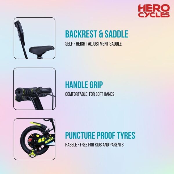 Hero Magic 16T Bicycle for Kids with Bottle & Cage | Caliper Brake | Rigid Suspension | Ideal for Kids | Black-Green | 95% Assembled Cycle(Ready to Ride in 5 Mins) - Image 9