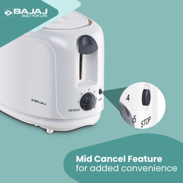 Bajaj ATX 4 750 watts 2-Slice Pop-up Toaster | Dust Cover & Slide Out Crumb Tray | 6-Level Browning Controls | Mid-Cycle Cancel Feature | 2-Yr Warranty | 750 watts White Electric Toaster - Image 4