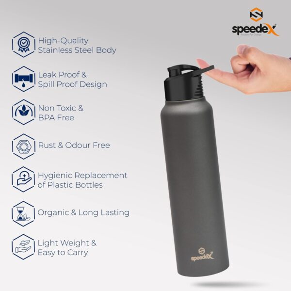 Speedex 1 LTR Water Bottle Set of 3, Dark Grey, Stainless Steel, 1 Litre Screw Cap Bottles Combo for Girls, Boys, Adults & Kids, Sports, Fridge Use, School & Office - 1000 ml - Pack of 3 - Image 3