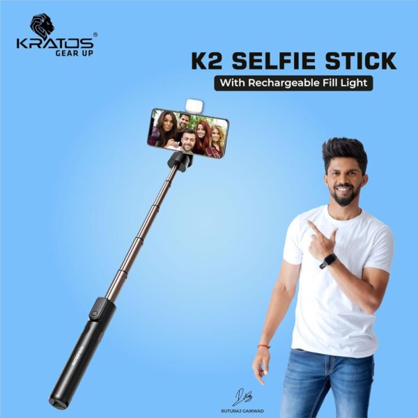 Kratos K2 Selfie Stick with Tripod Stand, 3 in 1 Multifunctional design, Rechargable LED Light with Two Brighness Levels for Make up, Selfie, Vlogging & Photo Shoot, Selfie stick with Bluetooth Remote - Image 3