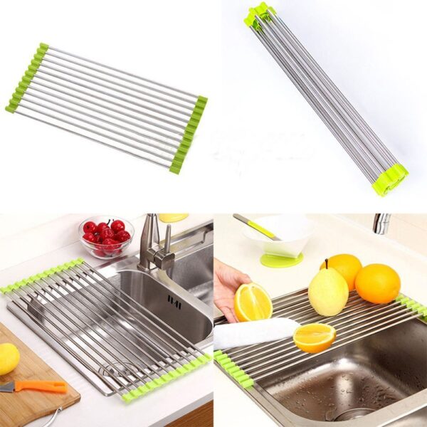 Luximal Stainless Steel Kitchen Organizer Foldable/Roll-Up Over Sink Dish Drainer Drying Rack Utensils Dryer Mat for Fruit Vegetable (46.5 x 46 cm) - Image 7