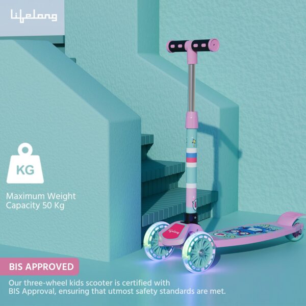 Lifelong Scooter for Kids 3+ Years - Foldable Kids Scooter with PVC Wheels & Adjustable Height - Kick Scooter Capacity 50Kg- Baby Scooter Toys for 3+ Year Old Boy & Girl - Skate Scooter (Llks18) Pink - Image 7