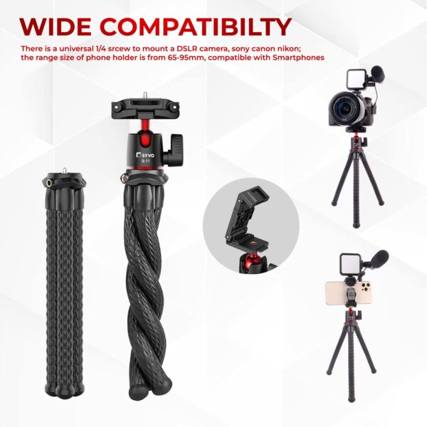 Syvo S-11 Camera Tripod, Flexible Gorilla Tripod Stand with Hidden Phone Holder w Cold Shoe Mount, 1/4'' Screw for Magic Arm, Universal for iPhone 14 13 Pro XS Max Samsung Canon Nikon Sony Cameras - Image 3