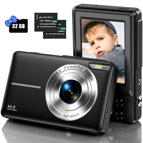 Iweukjlo Digital Camera, Kids Camera with 32Gb Card Fhd 1080P 44Mp Vlogging Camera with LCD Screen 16X Zoom Compact Portable Mini Rechargeable Camera Gifts for Students Teens Adults Girls Boys-Black - Image 2
