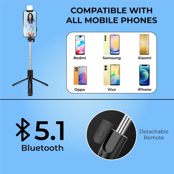 Kratos K2 Selfie Stick with Tripod Stand, 3 in 1 Multifunctional design, Rechargable LED Light with Two Brighness Levels for Make up, Selfie, Vlogging & Photo Shoot, Selfie stick with Bluetooth Remote - Image 7