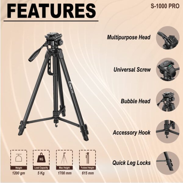 Syvo S -1000 PRO 67 Inch (170CM) Tripod for DSLR, Camera | Operating Height: 5.57 Feet| Maximum Load Capacity up to 5kg | Portable Lightweight Aluminum Tripod 360 Degree Ball Head | Carry Bag (Black) - Image 4