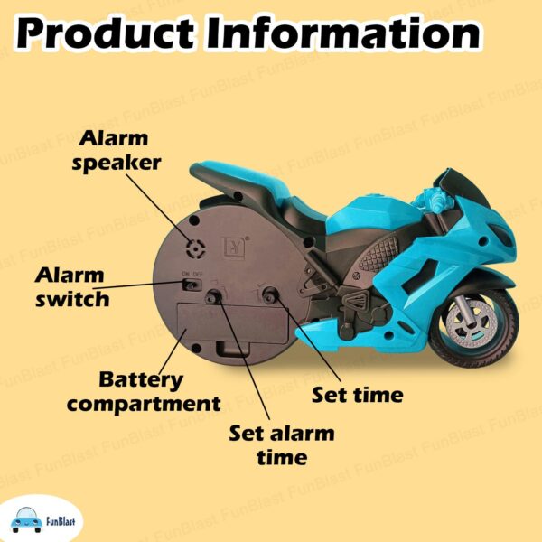 FunBlast Alarm Clock for Heavy Sleepers – Motorcycle Clock, Stylish Analog Table/Desk Alarm Clock for Students, Table Clock for Bedroom, Living Room, Office, Return Gifts for Kids (Blue) - Image 3