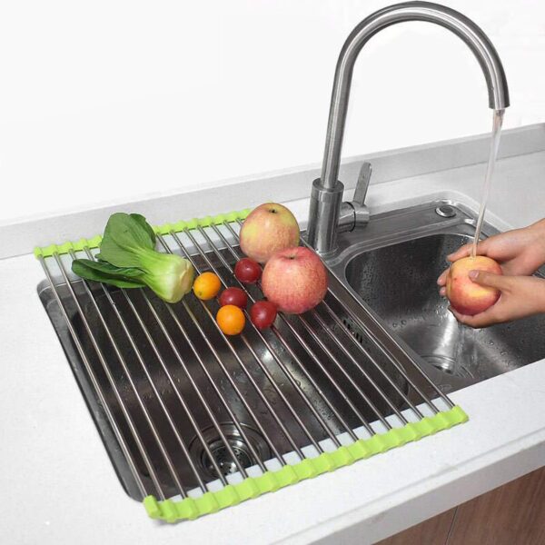 Luximal Stainless Steel Kitchen Organizer Foldable/Roll-Up Over Sink Dish Drainer Drying Rack Utensils Dryer Mat for Fruit Vegetable (46.5 x 46 cm) - Image 2