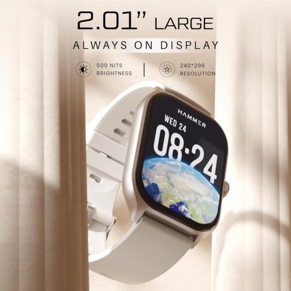 HAMMER Polar 2.01" IPS Always on Display, Advanced Bluetooth Calling Smart Watch, Dual Mode, Voice Assistant, Rotating Crown, Sleek Desgin, Sports Modes, 500 Nits Brightness, 240x296 PX (Ice Grey) - Image 3