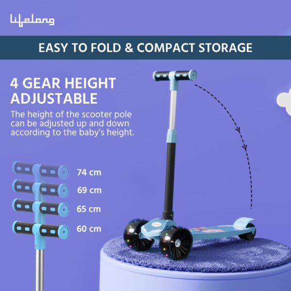 Lifelong Scooter for Kids 3+ Years - Foldable Kids Scooter with LED Wheels & Adjustable Height - Kick Scooter Capacity 50kg- Baby Scooter Toys for 3+ Year Old boy & Girl Skate Scooter, Blue & Black - Image 6