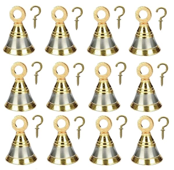 UAPAN Brass Bell Decorative Pooja Room Bells with J Hook (Silver Gold_2 inch, Pack of 12) - Image 2