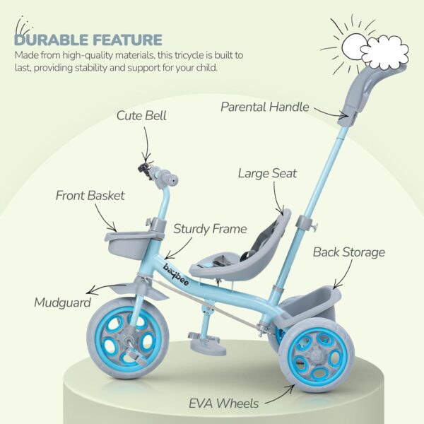 Baybee Beagle Pro Baby Tricycle for Kids, Plug N Play Kids Tricycle with Parental Push Handle, Eva Wheels, Footrest & Baskets | Kids Cycle Trikes | Baby Cycle for Kids 2 to 5 Years (Blue) - Image 3