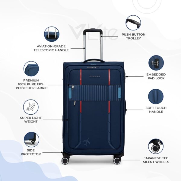 Verage Specter 70 cms Blue Soft Sided Medium Check-in Luggage Trolley Bag for Travel with Expandable & Anti Theft Zipper Suitcase Spinner for Men and Women - Image 3