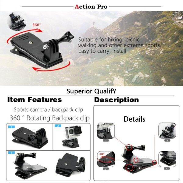 Action Pro Versatile 360° Rotary Backpack Mount Kit, Compatible with GoPro Hero 13/12/11/10/9/8/7/6/5/4/Eken/Yi and Other Action Cameras for Dynamic Adventure Capture - Image 5