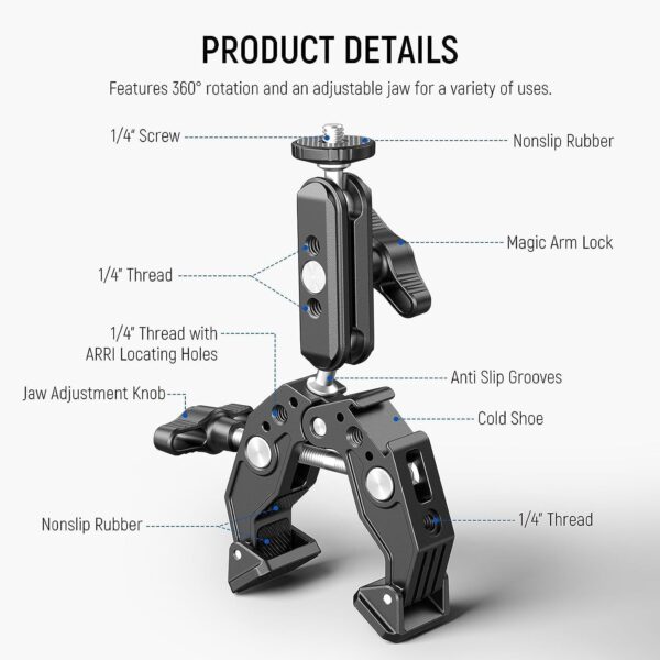 ADOFYS [Newest] Action Camera Mount,Super Clamp Mount with 1/4''&3/8'' Scew for LED Light,Microphone,360° Double Ballhead Magic Arm with Mobile Holder and Adapter for Gopro Hero DJI DSLR Camera - Image 3