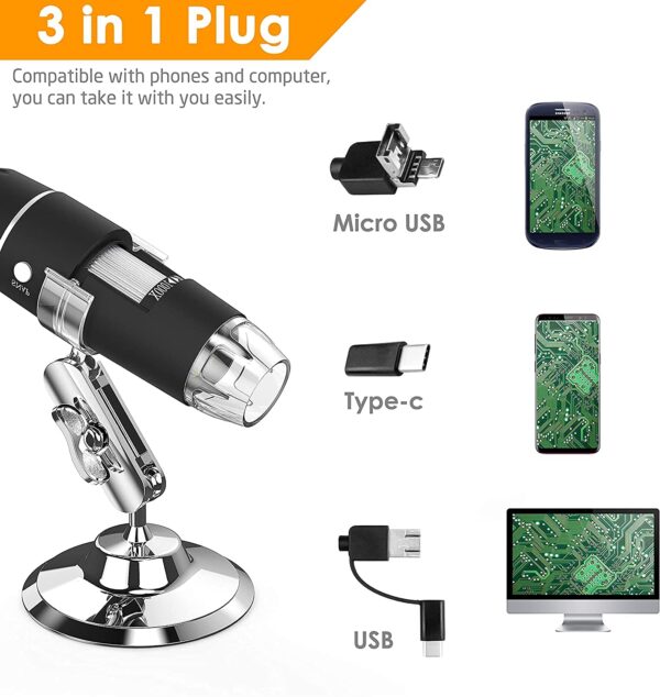 Tobo USB Microscope Camera 40X to 1000X, Cainda Digital Microscope with Metal Stand & Carrying Case, Compatible with Android Windows Linux Mac, Portable Microscope Camera for Kids Students Adults 3x1 - TD-584IM-01 - Image 3