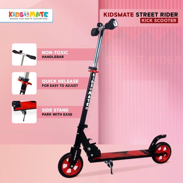 Kidsmate Street Rider Kick Scooter for Kids of Age 6-13 Years | 2 Wheel Scooter, Foldable Design, 3 Adjustable Height Option with Rear Braking | Max User Weight 50kg- Black - Image 4