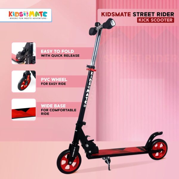 Kidsmate Street Rider Kick Scooter for Kids of Age 6-13 Years | 2 Wheel Scooter, Foldable Design, 3 Adjustable Height Option with Rear Braking | Max User Weight 50kg- Black - Image 5