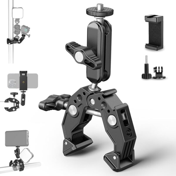 ADOFYS [Newest] Action Camera Mount,Super Clamp Mount with 1/4''&3/8'' Scew for LED Light,Microphone,360° Double Ballhead Magic Arm with Mobile Holder and Adapter for Gopro Hero DJI DSLR Camera - Image 2