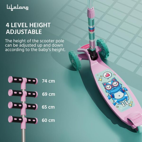 Lifelong Scooter for Kids 3+ Years - Foldable Kids Scooter with PVC Wheels & Adjustable Height - Kick Scooter Capacity 50Kg- Baby Scooter Toys for 3+ Year Old Boy & Girl - Skate Scooter (Llks18) Pink - Image 5