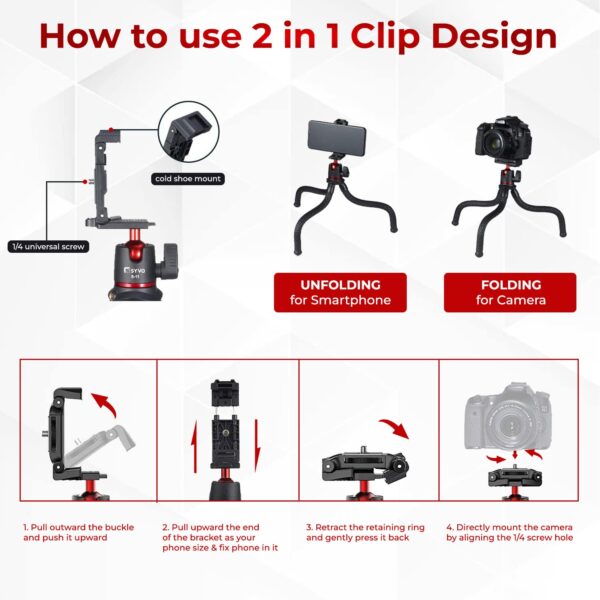 Syvo S-11 Camera Tripod, Flexible Gorilla Tripod Stand with Hidden Phone Holder w Cold Shoe Mount, 1/4'' Screw for Magic Arm, Universal for iPhone 14 13 Pro XS Max Samsung Canon Nikon Sony Cameras - Image 6
