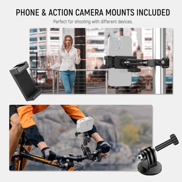 ADOFYS [Newest] Action Camera Mount,Super Clamp Mount with 1/4''&3/8'' Scew for LED Light,Microphone,360° Double Ballhead Magic Arm with Mobile Holder and Adapter for Gopro Hero DJI DSLR Camera - Image 8