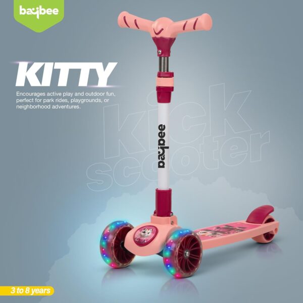 Baybee Kitty Kick Scooter for Kids | Foldable Kids Scooter with 4 Height Adjustable Handle & Brake | Skate Scooter with LED PU Wheels | Runner Scooter for Kids 3 to 10 Years Boys Girls (Pink) - Image 9