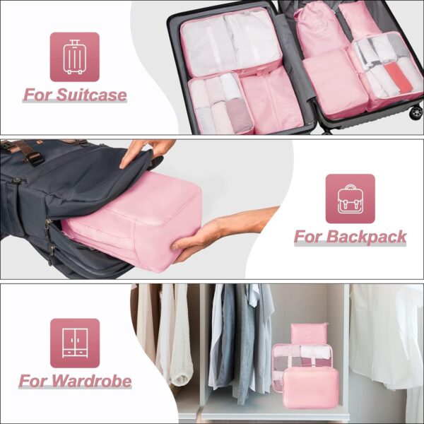 TS WITH TECHSUN Travel Organizer 7 in 1 Travel Laundry Cosmetics Luggage Packing Organizers Set Makeup Bags Organizer Packing Cubes with Shoe Bag for travel, Nylon (Pink) - Image 7