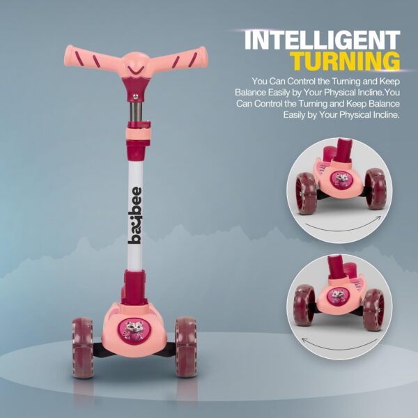 Baybee Kitty Kick Scooter for Kids | Foldable Kids Scooter with 4 Height Adjustable Handle & Brake | Skate Scooter with LED PU Wheels | Runner Scooter for Kids 3 to 10 Years Boys Girls (Pink) - Image 4
