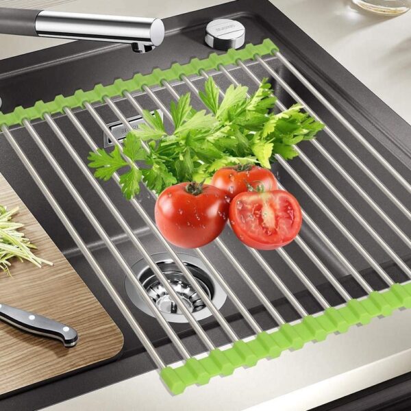 Luximal Stainless Steel Kitchen Organizer Foldable/Roll-Up Over Sink Dish Drainer Drying Rack Utensils Dryer Mat for Fruit Vegetable (46.5 x 46 cm) - Image 3