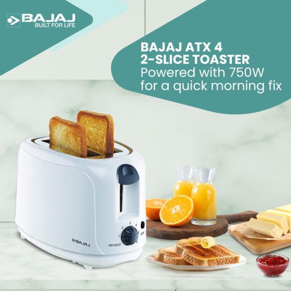 Bajaj ATX 4 750 watts 2-Slice Pop-up Toaster | Dust Cover & Slide Out Crumb Tray | 6-Level Browning Controls | Mid-Cycle Cancel Feature | 2-Yr Warranty | 750 watts White Electric Toaster - Image 3