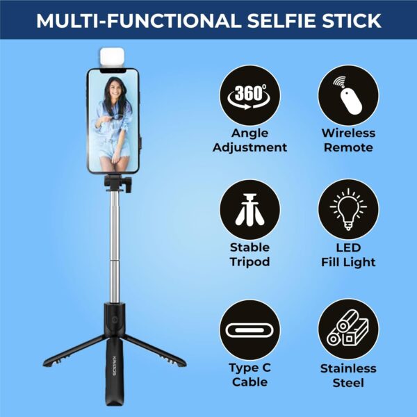 Kratos K2 Selfie Stick with Tripod Stand, 3 in 1 Multifunctional design, Rechargable LED Light with Two Brighness Levels for Make up, Selfie, Vlogging & Photo Shoot, Selfie stick with Bluetooth Remote - Image 5