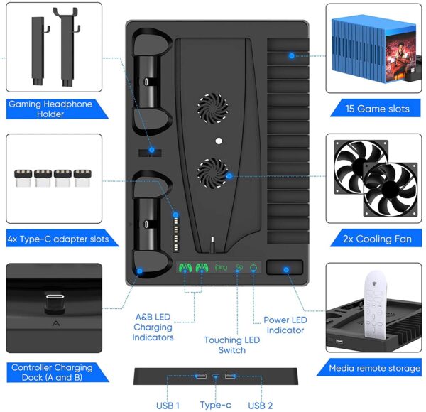 New World For PS5 Vertical Stand for PS5 Digital Edition and Disc Edition Console with Cooling Fan, Controller Charging Station and 15 Game Cards Slots and Headset Stand For PS5 Cooling Controller Charging Stand - Image 4