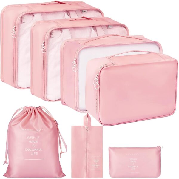 TS WITH TECHSUN Travel Organizer 7 in 1 Travel Laundry Cosmetics Luggage Packing Organizers Set Makeup Bags Organizer Packing Cubes with Shoe Bag for travel, Nylon (Pink) - Image 2