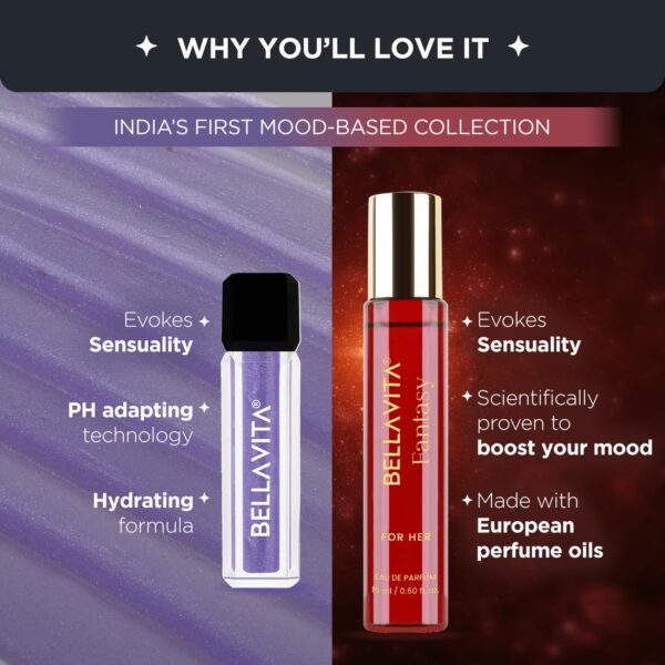 BELLAVITA Mood Enhancing Seduction Lip Gloss and Perfume Combo pack | Gift set | Mood Duos Perfume 15ml & Mood Matching pH Adapting Lip Gloss 4ml | Hydrating and Glossy Finish - Image 4