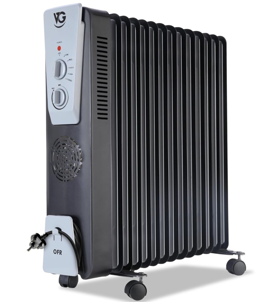 VG 13 Fin OFR Room Heater, 2500W Oil Filled Room Heater with 400W PTC Ceramic Fan Heater, ISI Certified | 3 Years Warranty | VG Customer Care: +91 9619-955-955 (13F DLX, Matte Black)