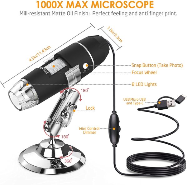 Tobo USB Microscope Camera 40X to 1000X, Cainda Digital Microscope with Metal Stand & Carrying Case, Compatible with Android Windows Linux Mac, Portable Microscope Camera for Kids Students Adults 3x1 - TD-584IM-01 - Image 7