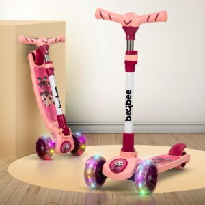 Baybee Kitty Kick Scooter for Kids | Foldable Kids Scooter with 4 Height Adjustable Handle & Brake | Skate Scooter with LED PU Wheels | Runner Scooter for Kids 3 to 10 Years Boys Girls (Pink)