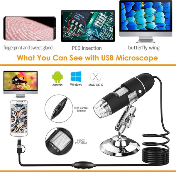 Tobo USB Microscope Camera 40X to 1000X, Cainda Digital Microscope with Metal Stand & Carrying Case, Compatible with Android Windows Linux Mac, Portable Microscope Camera for Kids Students Adults 3x1 - TD-584IM-01 - Image 5