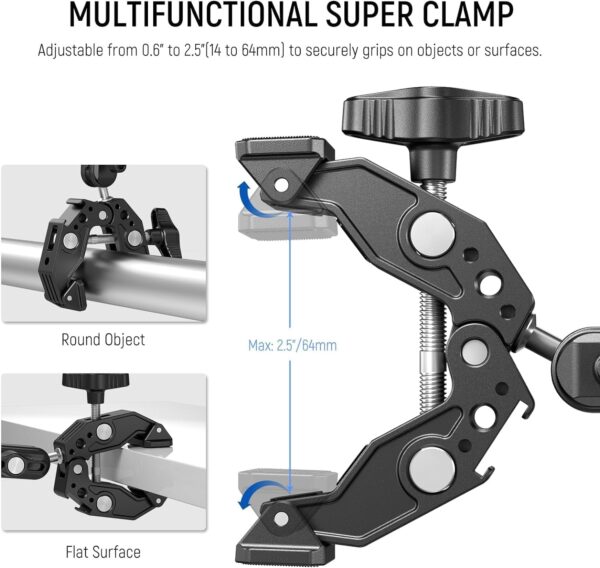 ADOFYS [Newest] Action Camera Mount,Super Clamp Mount with 1/4''&3/8'' Scew for LED Light,Microphone,360° Double Ballhead Magic Arm with Mobile Holder and Adapter for Gopro Hero DJI DSLR Camera - Image 4