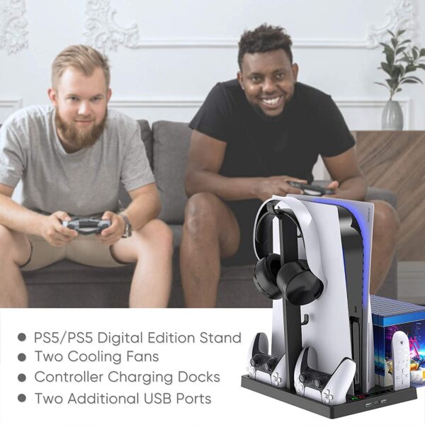 New World For PS5 Vertical Stand for PS5 Digital Edition and Disc Edition Console with Cooling Fan, Controller Charging Station and 15 Game Cards Slots and Headset Stand For PS5 Cooling Controller Charging Stand - Image 8