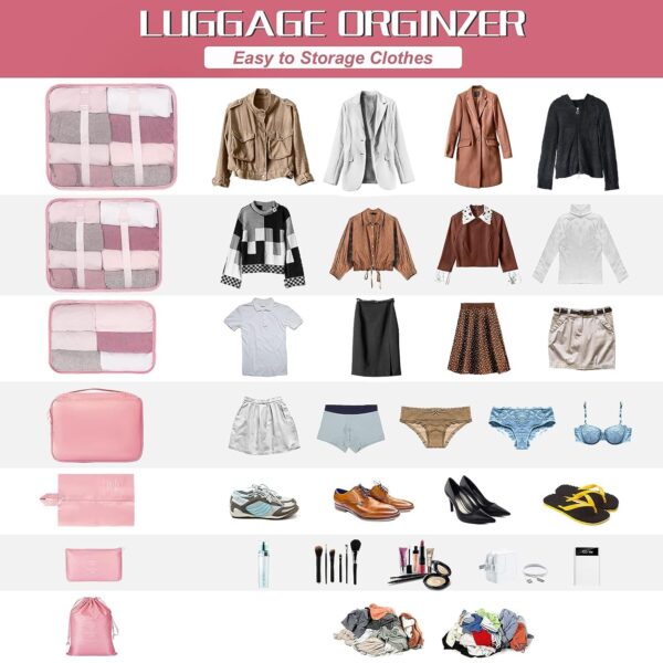 TS WITH TECHSUN Travel Organizer 7 in 1 Travel Laundry Cosmetics Luggage Packing Organizers Set Makeup Bags Organizer Packing Cubes with Shoe Bag for travel, Nylon (Pink) - Image 6