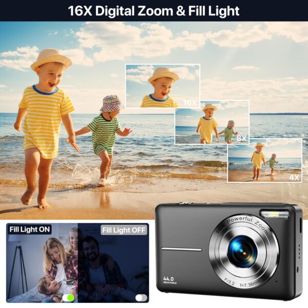 Iweukjlo Digital Camera, Kids Camera with 32Gb Card Fhd 1080P 44Mp Vlogging Camera with LCD Screen 16X Zoom Compact Portable Mini Rechargeable Camera Gifts for Students Teens Adults Girls Boys-Black - Image 3
