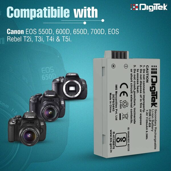 DIGITEK® (LP E8) Lithium-ion Rechargeable Battery for DSLR Camera, 1120mAh, Eco Friendly & BIS Approved, Multi Protection, Compatible with Canon EOS 550D, 600D, 650D, 700D, Rebel T2i, T3i, T4i, T5i - Image 6