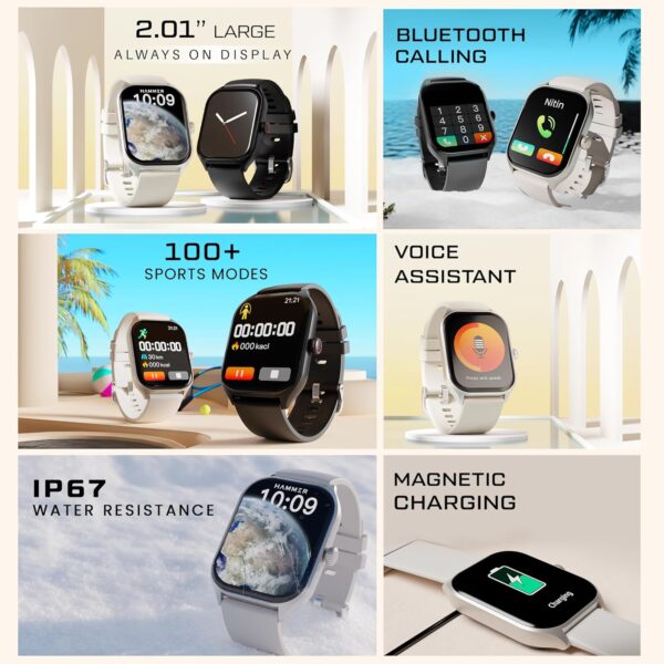 HAMMER Polar 2.01" IPS Always on Display, Advanced Bluetooth Calling Smart Watch, Dual Mode, Voice Assistant, Rotating Crown, Sleek Desgin, Sports Modes, 500 Nits Brightness, 240x296 PX (Ice Grey) - Image 4