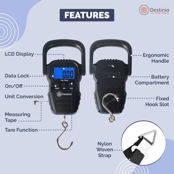 Destinio Premium Hanging Weight Machine 50kg - Portable Digital Weighing Scale for Luggage, Gas Cylinder & Travel, Wide Soft Handle, Extra Strap Included, Weighing Scale for Luggage Bags & Suitcase - Image 4